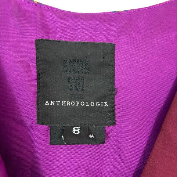Anna Sui Anthropologie 100% Silk Printed Wrap Boho V Neck Pink Red Dress Size 8 - Picture 11 of 14